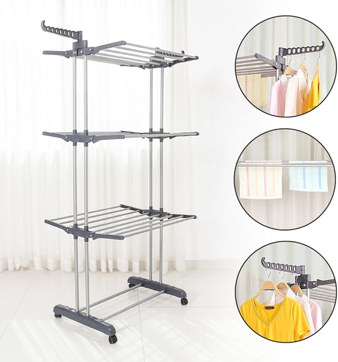 Foldable, Rolling, Stainless Steel Rods & Compact Storage Laundry Clothes Drying Rack System, Made-in-Korea, Premium Size