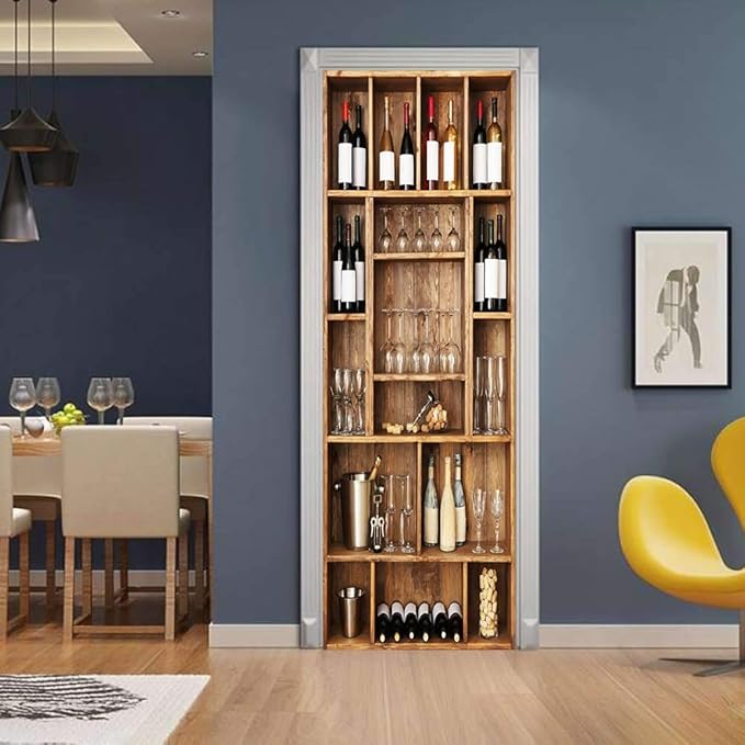 3D Peel and Stick Murals - Wine Cabinet Wallpaper Removable PVC Waterproof Door Poster for Bedroom Living Room 37.4 x 82.7 inch