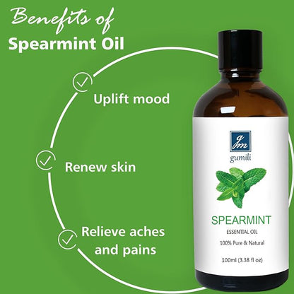 GM Gumili Spearmint Essential Oil, 100% Pure Undiluted Spearmint Oil for Skin, Hair, Aromatherapy - 100ml/3.38 oz