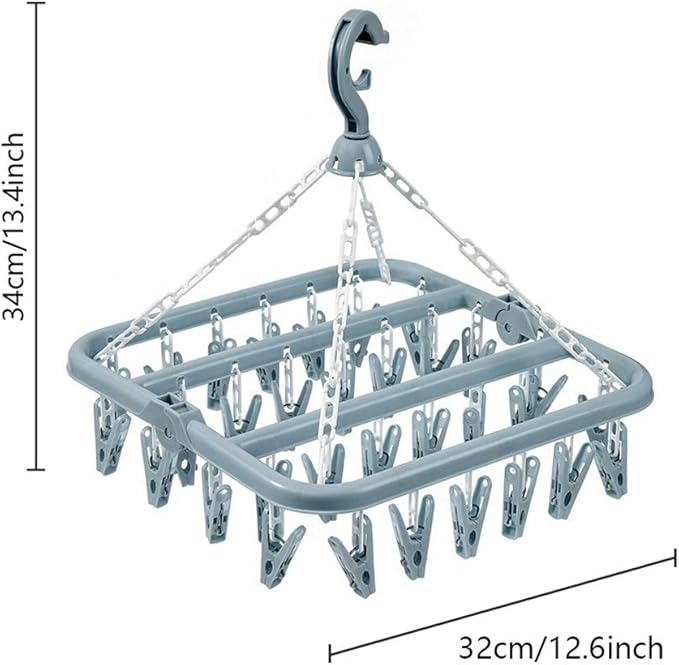 Clothes Drying Hanger with 32 Clips and Drip Foldable Hanging Rack (Light Blue)