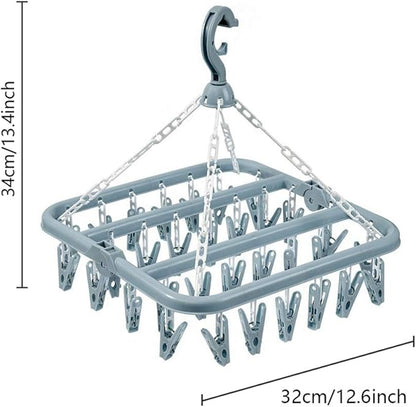 Clothes Drying Hanger with 32 Clips and Drip Foldable Hanging Rack (Light Blue)
