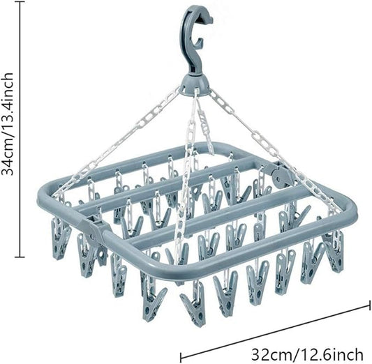 Clothes Drying Hanger with 32 Clips and Drip Foldable Hanging Rack (Light Blue)