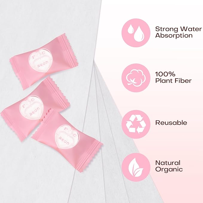 Compressed Towel Tablets 100 Count Disposable Face Towel Individually Wrapped 9×7.5 Inch Portable Washcloths Compact Cloths for Travel Essentials Camping Hotel Makeup Removal Cleaning (Pink)