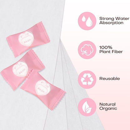Compressed Towel Tablets 100 Count Disposable Face Towel Individually Wrapped 9×7.5 Inch Portable Washcloths Compact Cloths for Travel Essentials Camping Hotel Makeup Removal Cleaning (Pink)