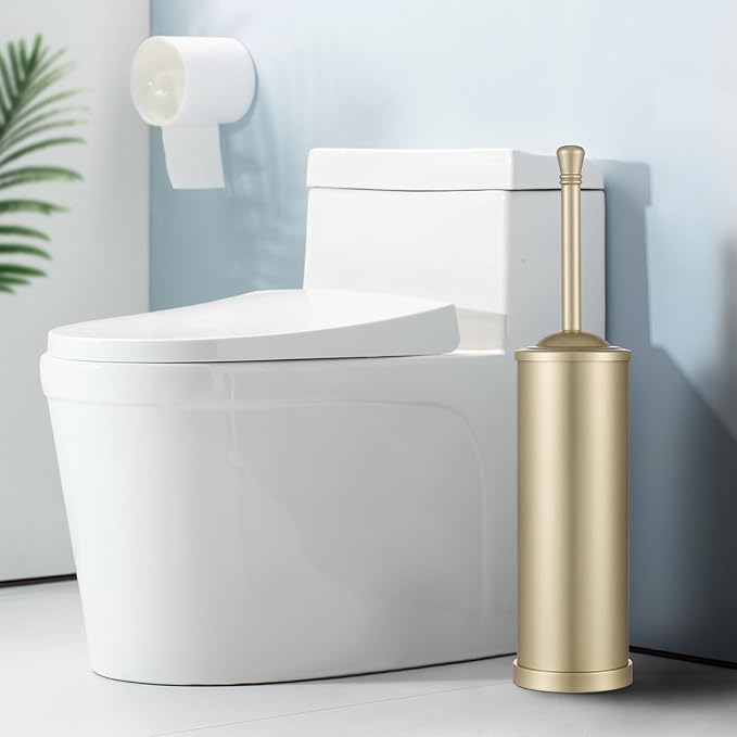 Gold Toilet Brush and Holder Set,304 Stainless Steel Toilet Bowl Brush and Holder for Bathroom,Heavy Duty Toilet Brush,Durable Scrubbing Bristles,Splash Resistant,Long Handle