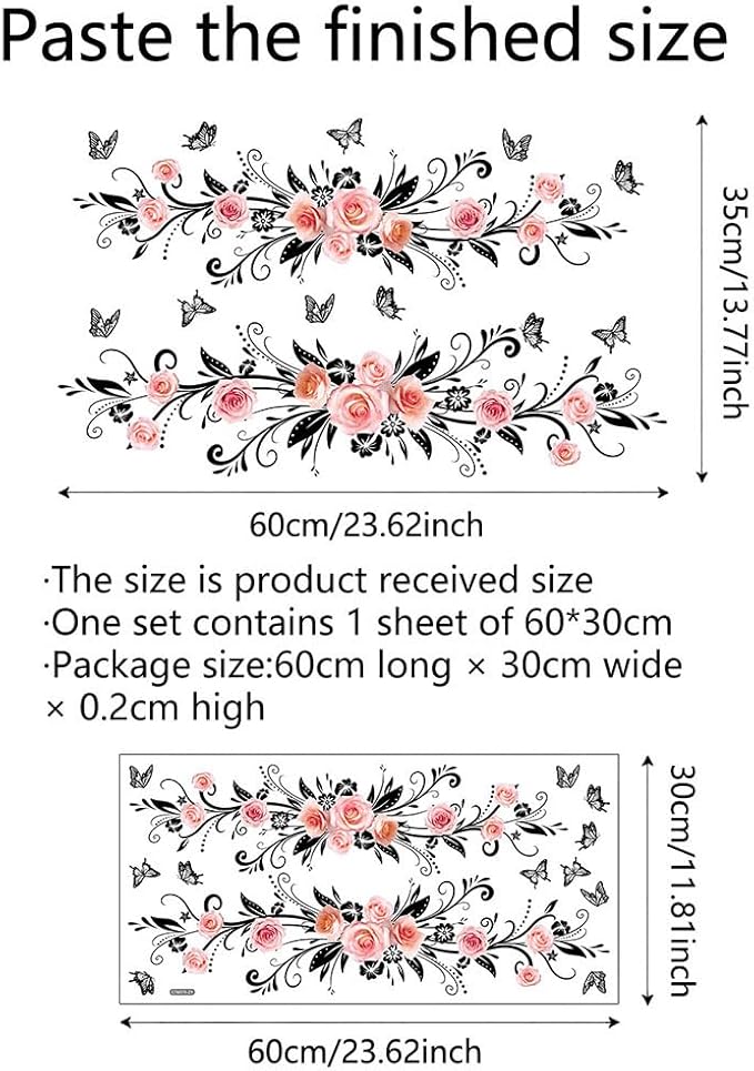 3D Wall Stickers DIY Flower Wall Decal Removable Waterproof Wall Art Decor for Bedroom Living Room Offices Home Decoration (Black Pink Rose)