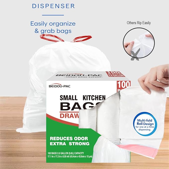 BEIDOU-PAC Trash Bags 2.6 Gallon Drawstring, 100 Count, Multifold Roll Garbage Bags, Small Kitchen Trash Bags, Odorless & Extra Thick White Plastic Food Scrap Bag for Home Office Bathroom Kitchen Bins