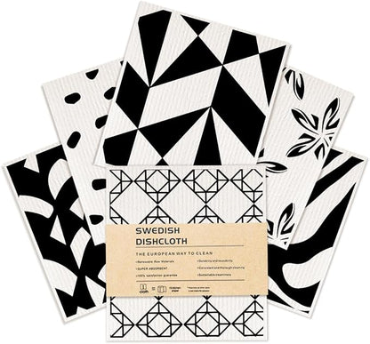 Swedish Dishcloths 6 Pack Black White Geometric, Reusable Washable Absorbent Cellulose Sponge Cloths, No Odor Eco Dish Towels for Kitchen Dish Washing, Home Cleaning, Kitchen Gifts for Women