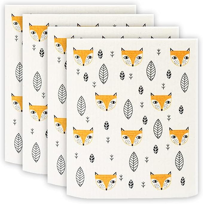 Swedish Dishcloth Reusable Kitchen Dish Towels Absorben and Fast Dry Cleaning Cloths Set of 4 No Odor Wipes (Fox)