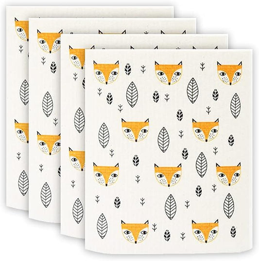 Swedish Dishcloth Reusable Kitchen Dish Towels Absorben and Fast Dry Cleaning Cloths Set of 4 No Odor Wipes (Fox)
