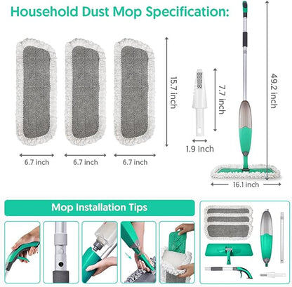 Spray Mop for Floor Cleaning, TINA&TONY Microfiber Hardwood Dry Wet Kitchen Mop with 3 Washable Pads & 635ML Refillable Bottle, Dust Mop with Sprayer for Laminate Tile Vinyl Floors, Green