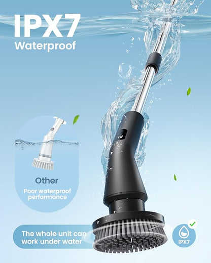 Electric Spin Scrubber, Upgraded IPX7 Cordless Cleaning Brush for Bathroom Shower, Household Cleaning Scrubber with 7 Brush Heads, Adjustable Long Handle and 2 Rotating Speeds for Tub Floor
