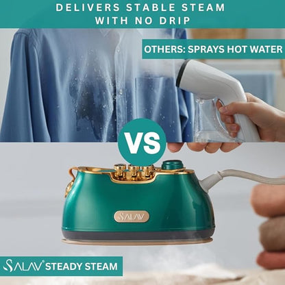SALAV® Retro Edition Duopress Handheld Garment Steamer & Iron, Ceramic Plate, 1000W, No Drip Steam, Vertical & Horizontal Steam, Emerald - Removes Wrinkles & Refreshes Clothes, Vintage Style