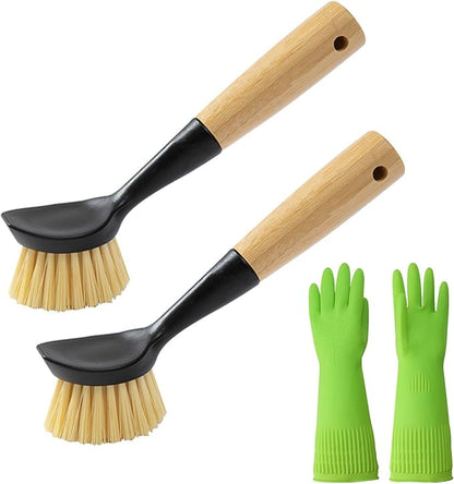 2 Pack Kitchen Dish Brush+1 Pair Reusable Rubber Gloves,Kitchen Cleaning Sets,Bamboo Handle Dish Scrubber Built-in Scraper, Scrub Brushes for Pans Pots Sink Dishwashing,Range Hood (Black)