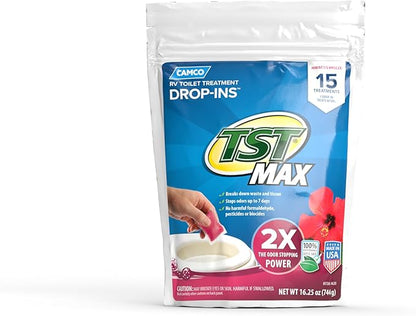 Camco TST MAX RV Toilet Treatment Drop-INs - Control Unwanted Odors & Break Down Waste and Tissue - Safe Septic Tank Treatment - Hibiscus Breeze Scent, 15-Pack (41600)