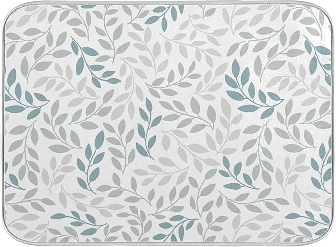 Grey and Blue Leaves branches Dish Drying Mat 16x18 for Kitchen Gray Leaves Botanical Spring Flowers Dishes Pad Dish Drainer Rack Mats Absorbent Fast Dry Kitchen Accessories
