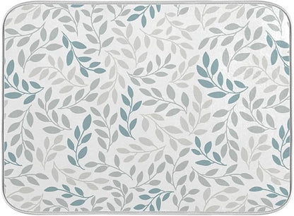 Grey and Blue Leaves branches Dish Drying Mat 16x18 for Kitchen Gray Leaves Botanical Spring Flowers Dishes Pad Dish Drainer Rack Mats Absorbent Fast Dry Kitchen Accessories