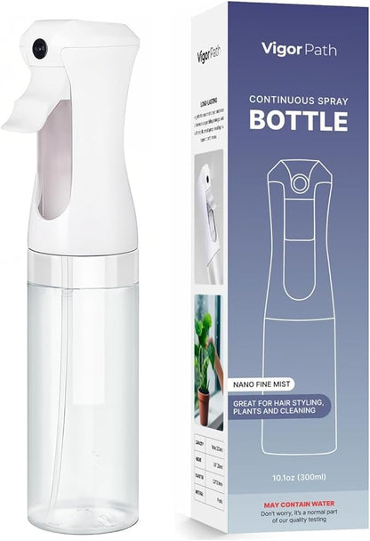 VIGOR PATH Continuous Mist Spray Bottle – Fine Mist Sprayer for Hair, Plants, Cleaning & Beauty – Refillable & Reusable Water Spray Bottle (Clear, 10oz)