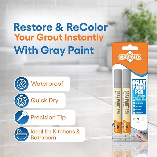 Gray Grout Paint Pen Tile Grout Colorant & Sealer Marker, Quick-Dry, Ideal for Bathroom, Shower, Kitchen Tiles Restores Grout Lines, 3 Adjustable Tips (2-3 mm) 2 Pack