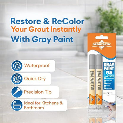 Gray Grout Paint Pen Tile Grout Colorant & Sealer Marker, Quick-Dry, Ideal for Bathroom, Shower, Kitchen Tiles Restores Grout Lines, 3 Adjustable Tips (2-3 mm) 2 Pack