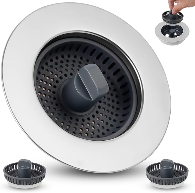 Universal Sink Stopper Strainer Combo, Stainless Steel Wrapped Drain Stopper Kitchen Sink for US Standard 3-1/2 Inch Kitchen Sink Drain, Extra 2 PCS Mesh Strainer for Food Garbage Disposal, Chrome