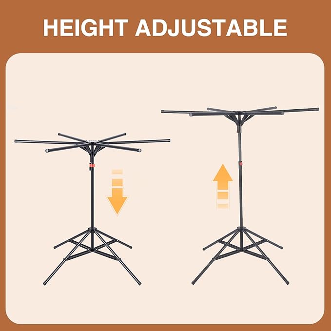 4-Leg Clothes Drying Rack with 6 Adjustable Poles, 20 Windproof Hooks and 2 Sock Clips Foldable Laundry Drying Rack, Space-Saving Indoor/Outdoor Clothes No-Installation Drying Stand, Black
