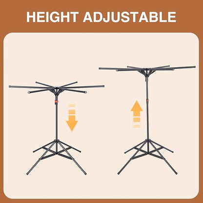4-Leg Clothes Drying Rack with 6 Adjustable Poles, 20 Windproof Hooks and 2 Sock Clips Foldable Laundry Drying Rack, Space-Saving Indoor/Outdoor Clothes No-Installation Drying Stand, Black