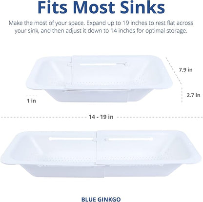 BLUE GINKGO Over the Sink Colander Strainer Basket - Wash Vegetables and Fruits, Drain Cooked Pasta and Dry Dishes - Extendable - New Home Kitchen Essentials (White, 1 Pack)
