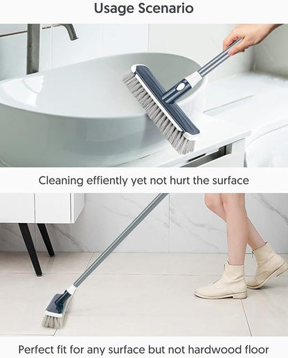 Floor Scrubber with Long Handle, 2 in 1 Scrubbing Brush Stiff Bristle Shower Cleaning Brush for Bathroom, Kitchen, Tub, Carpet, Grout, Tile(Gray)