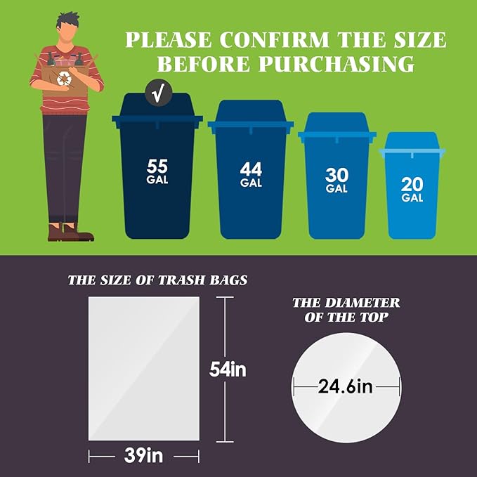 Teivio Large Clear Trash Bags 55-60 Gallon 75 Counts Fit 50,55,60,Gal All Purpose Garbage Bags, Extra Large Lawn and Leaf Bags Outdoor Trash Can Liner, Drum Liners, Workshops, Backyard