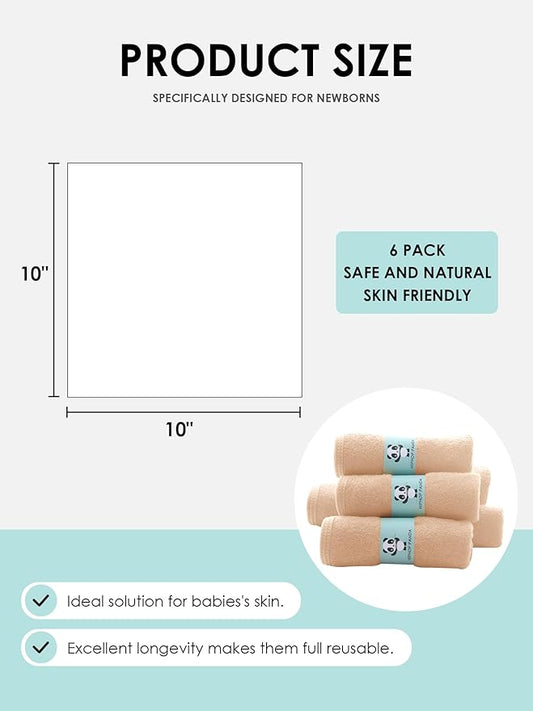 HIPHOP PANDA Baby Washcloths, Rayon Made from Bamboo - 2 Layer Ultra Soft Absorbent Newborn Bath Face Towel - Reusable Baby Wipes for Delicate Skin - Brown, 6 Pack