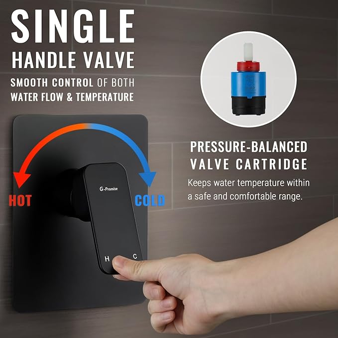 All Metal Shower Faucet Set, Dual Square Shower Head System with Handheld Wand, Diverter, Hose Complete Combo, Pressure Balance Rough-in Valve and Tub Spout Included (Matte Black)