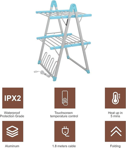 Electric Heated Clothes Drying Rack,Foldable Heated Garment Dryer with Timer Shut-Off Laundry Rack for Clothes Shoes Socks,Aluminum Alloy,Blue,Plug & Play,(39.37x25.98x23.82in)