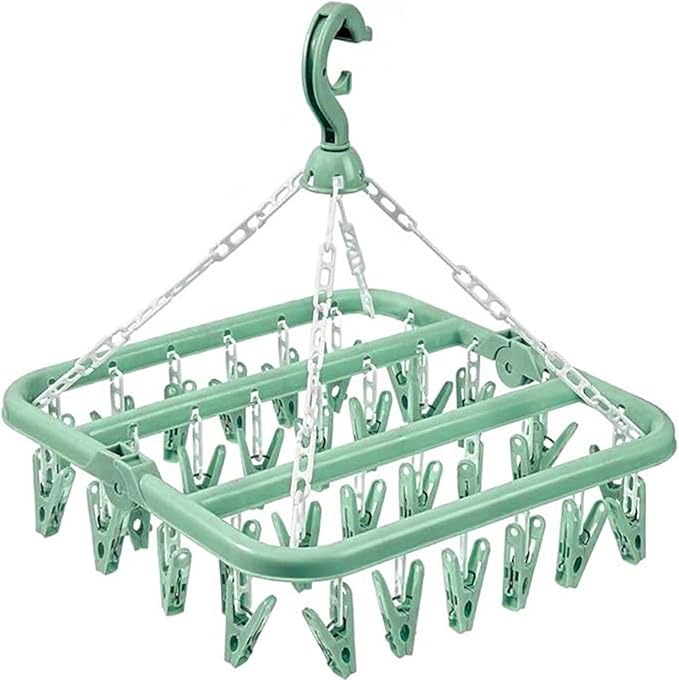 Clothes Drying Hanger with 32 Clips and Drip Foldable Hanging Rack (Light Green)