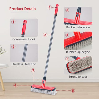 Floor Scrubber with Long Handle, 2 in 1 Scrubbing Brush Stiff Bristle Shower Cleaning Brush for Bathroom, Kitchen, Tub, Carpet, Grout, Tile(Red)