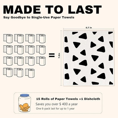 6 Pack Swedish Dishcloths for Kitchen, Black White Geometric Reusable Dish Cloths, Washable Absorbent No Odor Eco Cleaning Towels, Paper Towel Replacements, Kitchen Gifts for Women