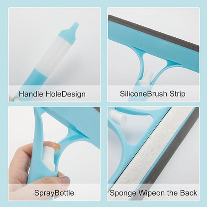 3-in-1 Spray Window Squeegee Cleaner, Window Squeegee with Spray Bottle, Blue Glass Cleaning Tool for Shower Door, Mirrors, Car Windows, Windshield & Home Glass Surfaces