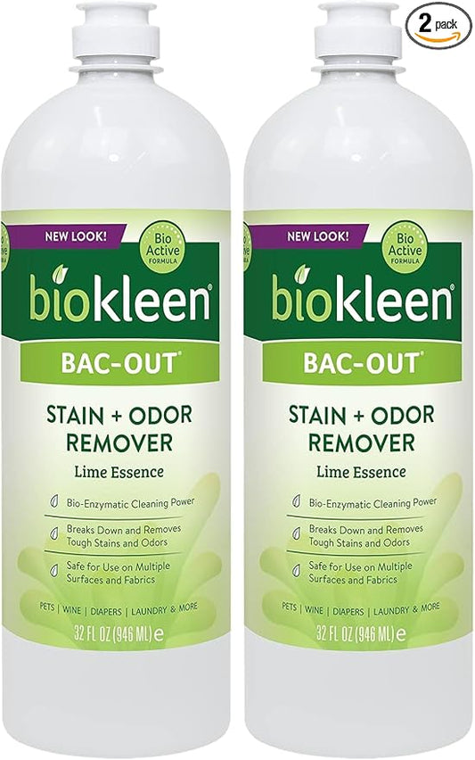 Biokleen Bac-Out Stain+Odor Remover, Destroys Stains & Odors Safely, for Pet Urine, Laundry, Diapers, Wine, Carpets, More, Eco-Friendly, Non-Toxic, Plant-Based, 32 Ounces (Pack of 2)