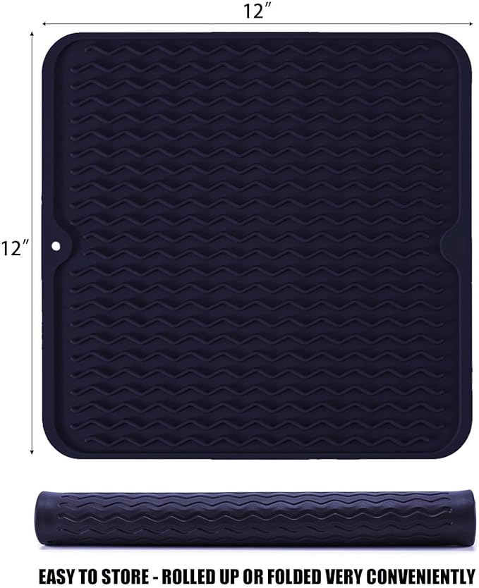 Silicone Dish Drying Mat for Multiple Usage, Easy clean, Eco-friendly, Heat-resistant Dish Drainer Mat for Kitchen Counter,Sink,Refrigerator or Drawer liner (12" x 12", Dark Blue)