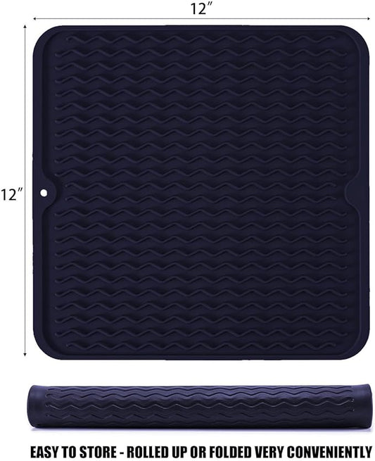 Silicone Dish Drying Mat for Multiple Usage, Easy clean, Eco-friendly, Heat-resistant Dish Drainer Mat for Kitchen Counter,Sink,Refrigerator or Drawer liner (12" x 12", Dark Blue)