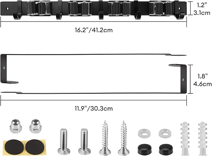 SLIIMU Over Door Movable Broom and Mop Hanging Holder with Sliding 4 Rack 5 Hook, Metal Mop and Broom Holder Wall Mount with 2 Over Door Hook, Door Mount Storage Organizer for Closet Garage Laundry
