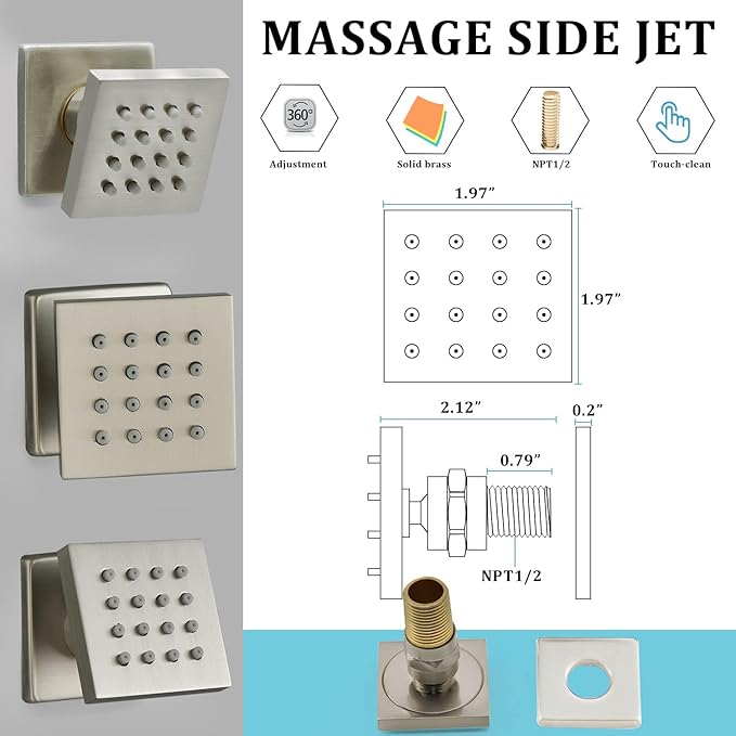 HOMEDEC Brushed Nickel Square Brass Shower Body Sprayer Wall Jet, Valve Needed (6pcs, 2x2inch)