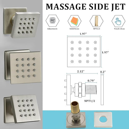 HOMEDEC Brushed Nickel Square Brass Shower Body Sprayer Wall Jet, Valve Needed (6pcs, 2x2inch)