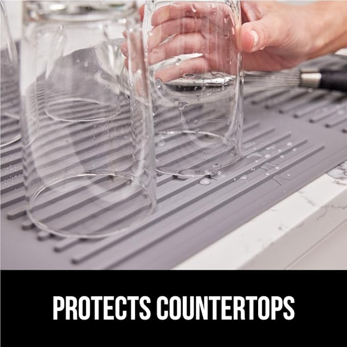 GORILLA GRIP 100% BPA-Free Patented Silicone Dish Drying Mat for Kitchen Counter, 18x16 Inch, Water Catching Ribbed Design, Easy Clean Waterproof Sink Liner, Heat Resistant, Fits Under Rack, Gray
