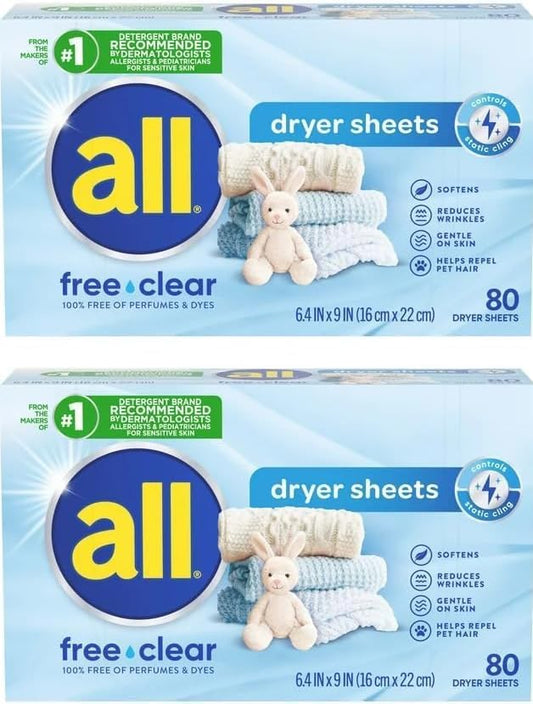 All Free Clear Dryer Sheets for Sensitive Skin, Fabric Softener Sheets, 80 Count, 2 Pack (160 Total)