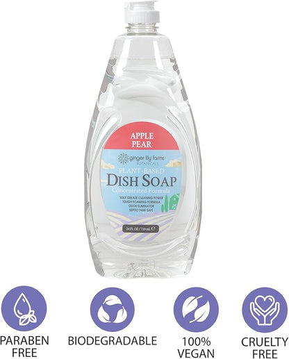 Ginger Lily Farms Botanicals Plant-Based Liquid Dish Soap, Concentrated Formula with Max Grease Cleaning Power, Cruelty-Free, Apple Pear Scent, 24 Fl Oz