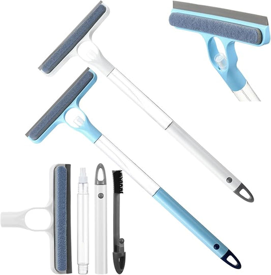 Lothee 2pcs 3 in 1 Window Squeegee, 23'' Long Handle Window Cleaning Scraper, Squeegee and Scrubber with Spray for Walls, Car Windshields, Bathrooms, Kitchens (Blue,White)