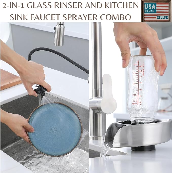 2 in1 Glass Rinser for Kitchen Sink - Stainless Steel Cup Cleaner - Counter Top Bottle Washer - Kitchen Sink Accessories - Attachements - Sink Sprayer (Nickel)