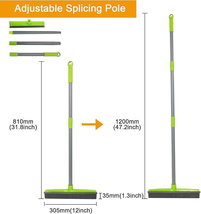 Push Broom Pet Hair Removal Broom with Squeegee,Soft Silicone Bristle Broom with Long Handle, Non Scratch Carpet Sweeper Brush for Cat/Dog Hair Hardwood Tile Windows(Green)