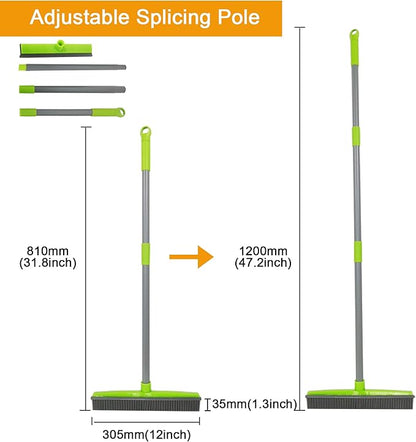 Push Broom Pet Hair Removal Broom with Squeegee,Soft Silicone Bristle Broom with Long Handle, Non Scratch Carpet Sweeper Brush for Cat/Dog Hair Hardwood Tile Windows(Green)
